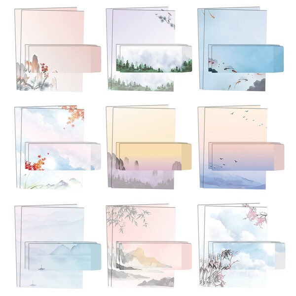 Better Office Products Japanese Watercolor Stationery Paper Set, 50 Sheets/50 Env, Letter Size, 9 Designs, 100PK 63901 - main